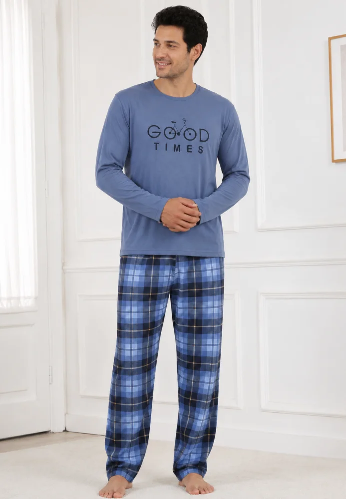 Pijama Bărbați cu Mânecă Lungă, Bluză cu Imprimeu Text și Pantalon în Carouri — imagine 1