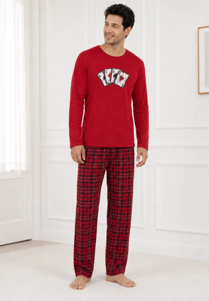 Pijama Bărbați cu Mânecă Lungă, Bluză Roșie cu Imprimeu Cărți de Joc și Pantalon în Carouri, Roșu / Negru — imagine 1