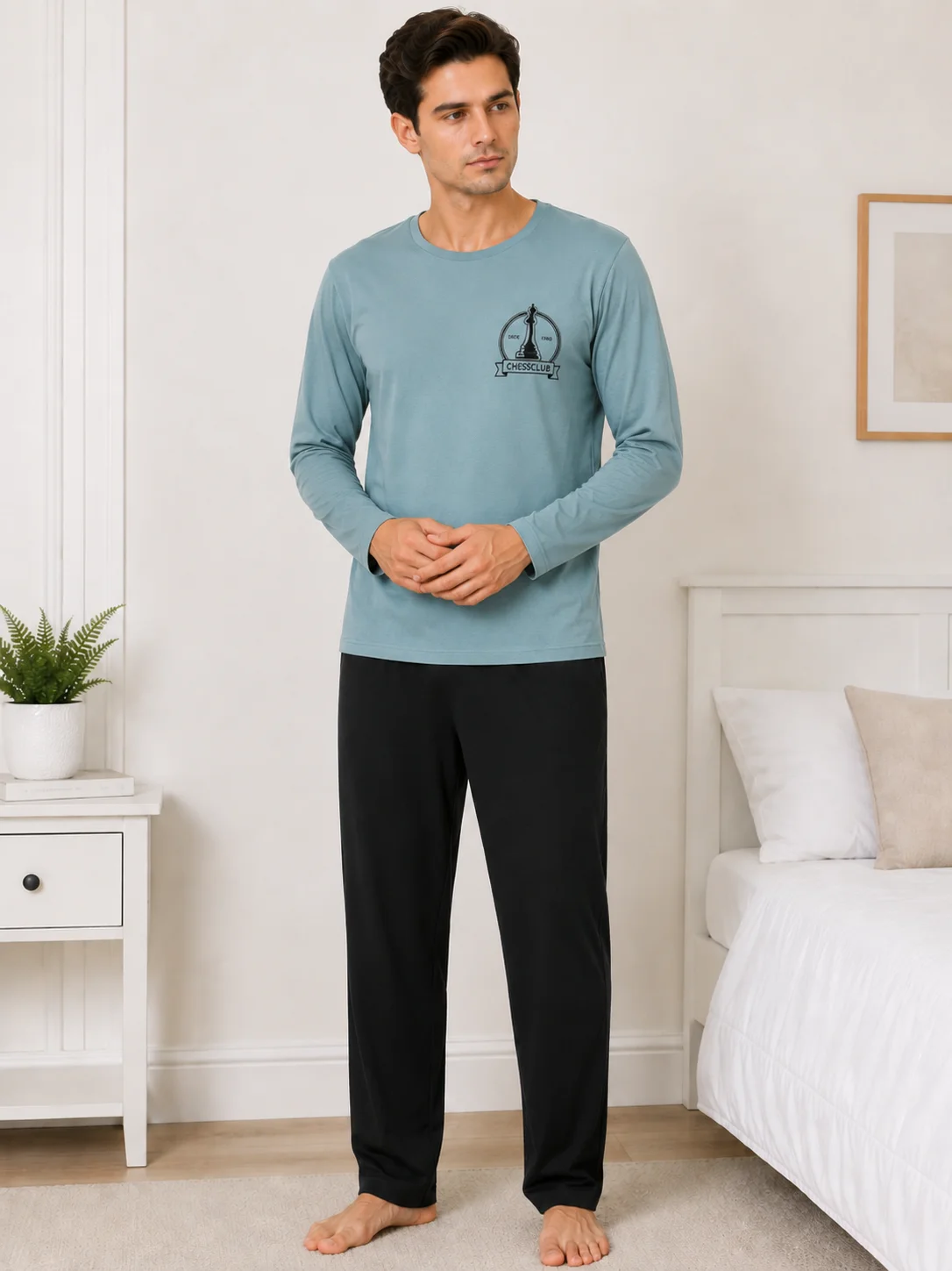 Pijama barbati cu maneca lunga si pantalon lung-albastru deschis