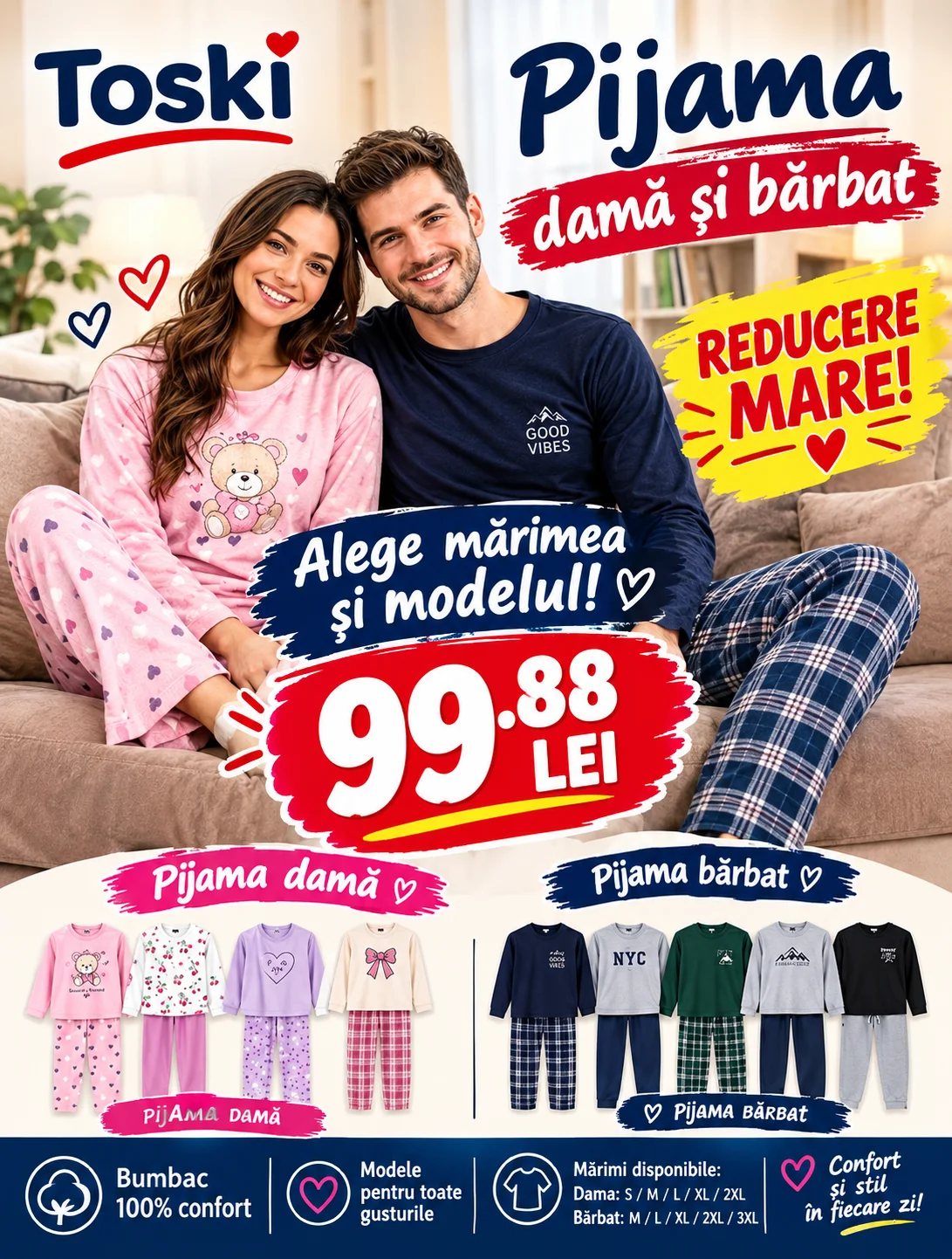 Ofertă 2 Pijamale Damă și Bărbați – Alege Modelele Preferate, Doar 99,88 Lei