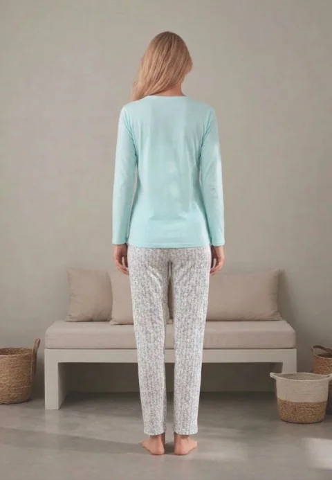 Pijama dama maneca lunga pantalon lungi turcuaz print Glamur