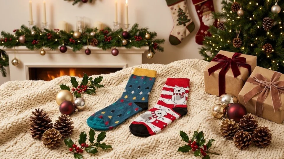 Set 2/ Șosete Festive de Iarnă cu Motiv de Crăciun (Brăduți & Urs Polar)
