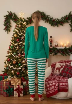 Pijama Dama Craciun Verde Maneca Lunga Pantalon Lungi Merry Christmas