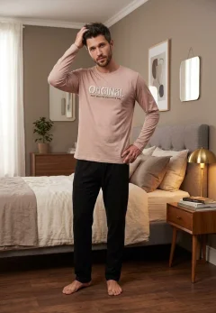 Pijama barbati ORIGINAL, bluza nud si pantaloni negri