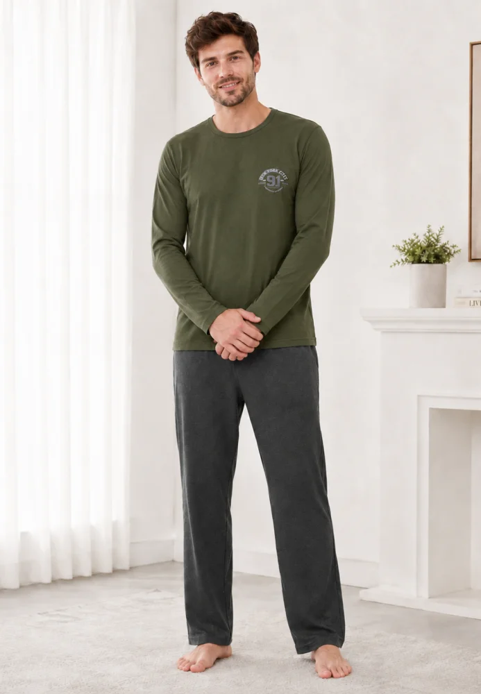Pijama Bărbați cu Mânecă Lungă, Bluză Verde Militar cu Imprimeu și Pantalon Lung — imagine 1