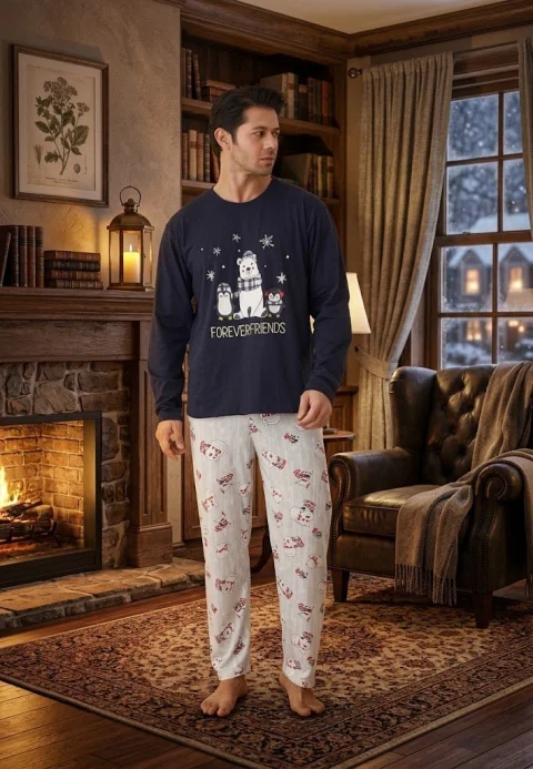 Pijama craciun pentru Bărbați – Bluza Albastru Închis cu Urs Polar și Pantaloni Imprimați — imagine 1