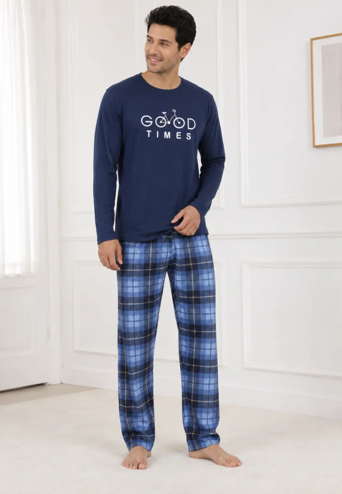 Pijama Bărbați cu Mânecă Lungă, Bluză cu Imprimeu Cărți de Joc și Pantalon în Carouri — imagine 4