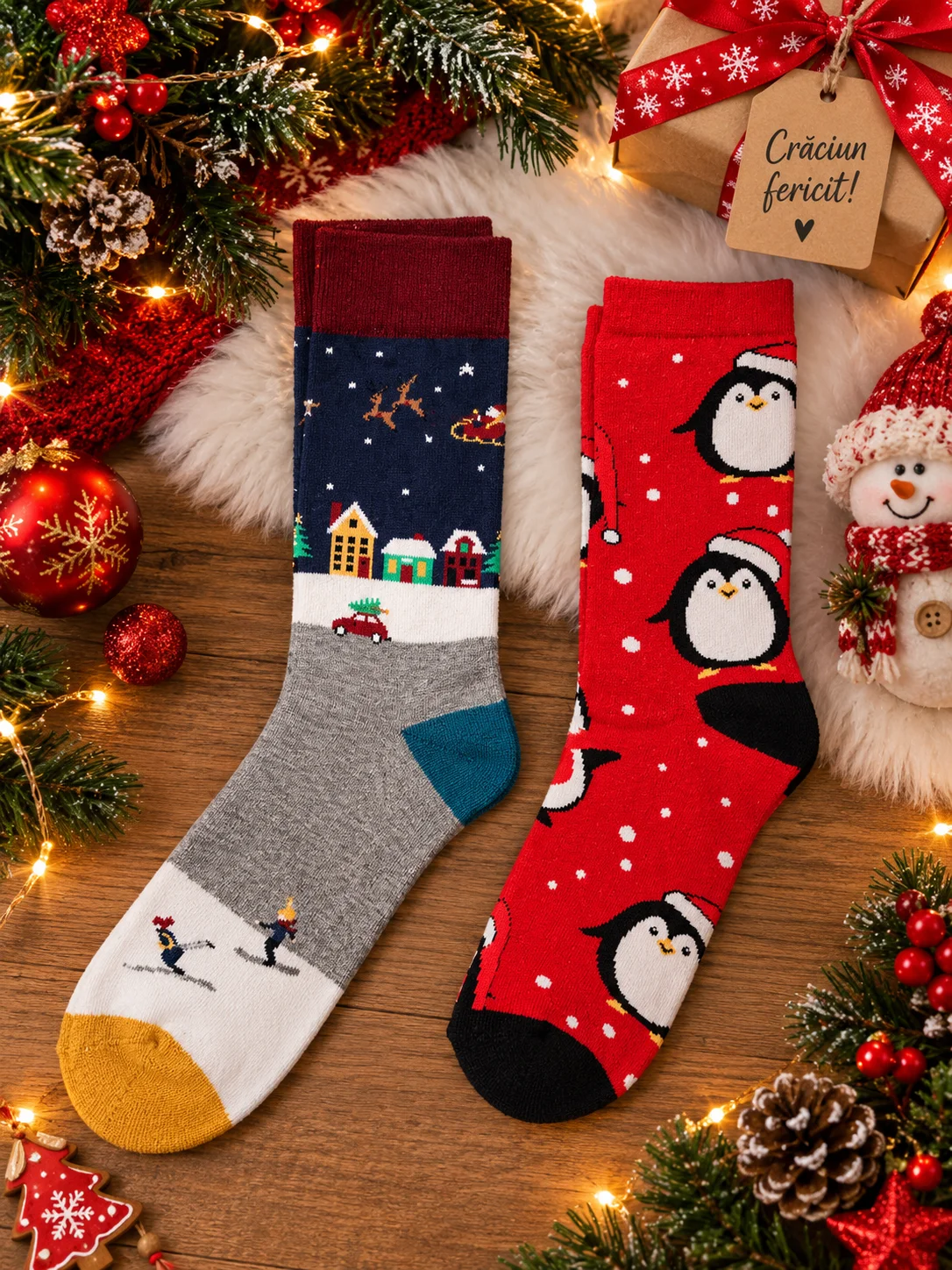 Șosete de Crăciun pentru adulți, modele festive cu pinguini și motive de iarnă,2 perechi