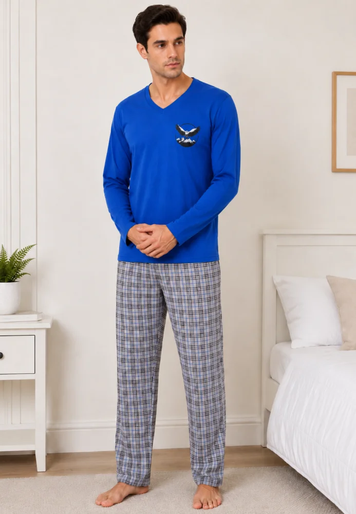 Pijama bărbați, Bluză cu mânecă lungă și decolteu în V cu imprimeu piept, Pantalon lung în carouri,Albastru — imagine 3