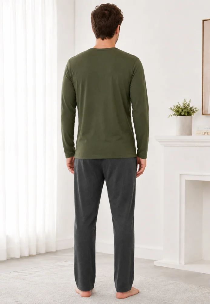 Pijama Bărbați cu Mânecă Lungă, Bluză Verde Militar cu Imprimeu și Pantalon Lung