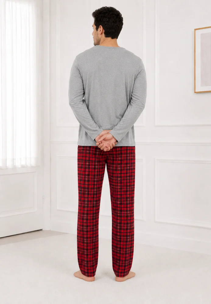 Pijama Bărbați cu Mânecă Lungă, Bluză Gri cu Imprimeu Cărți de Joc și Pantalon în Carouri, Gri / Roșu