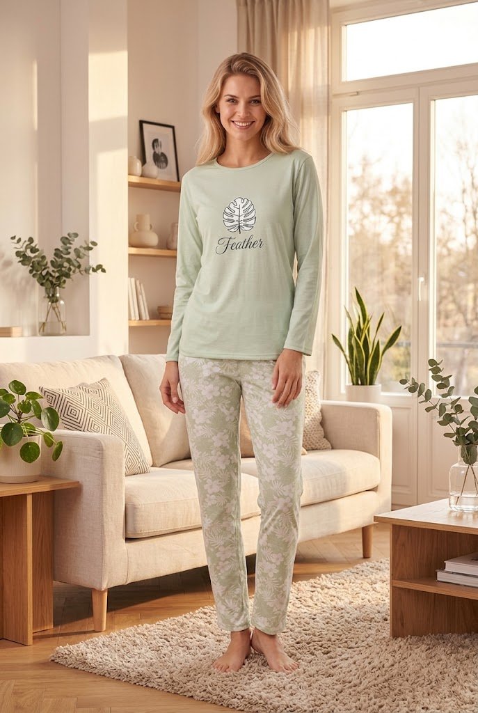 Pijama dama'Feather Tropical' – Set Lejer de Casă cu Bluză Verde Pastel și Pantaloni Inflorați