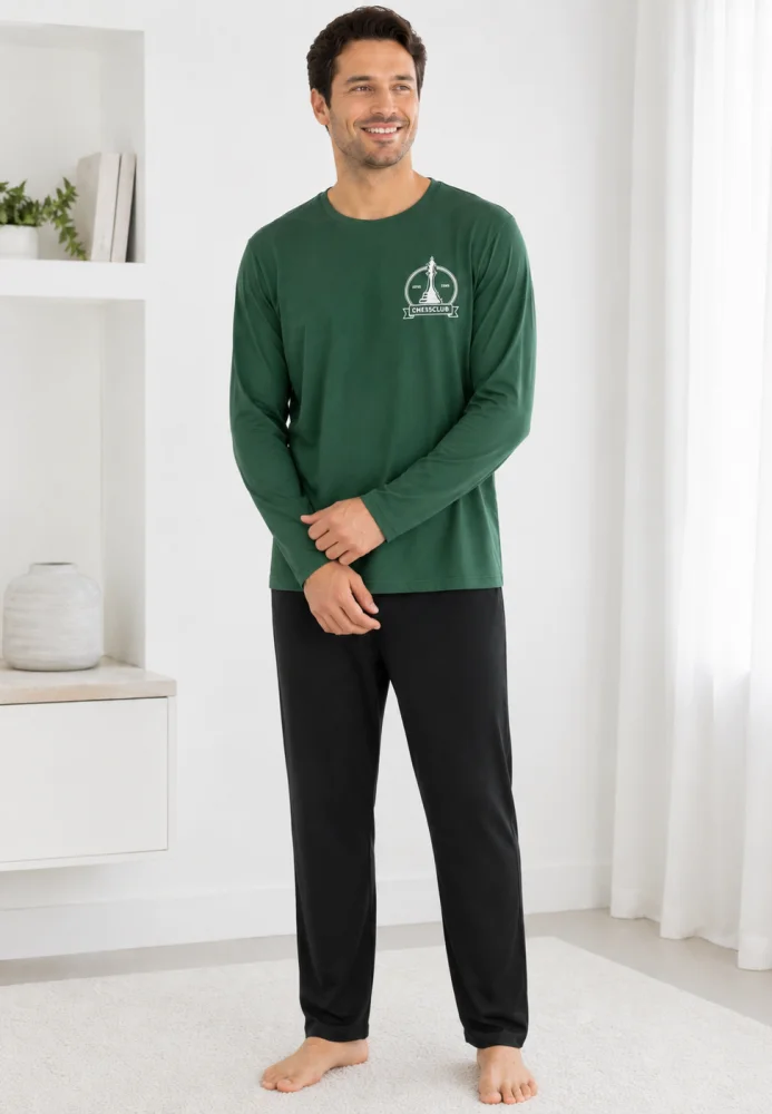 Pijama barbati cu maneca lunga si pantalon lung-Verde