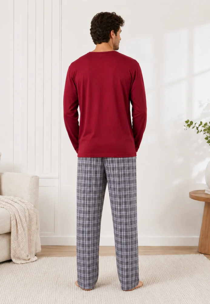 Pijama bărbați, Bluză grena cu imprimeu "California" și mânecă lungă, Pantalon lung în carouri gri