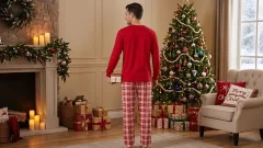 Pijama Barbati Craciun,  Bluza Rosie si Pantaloni Carouri, Rosu/Alb