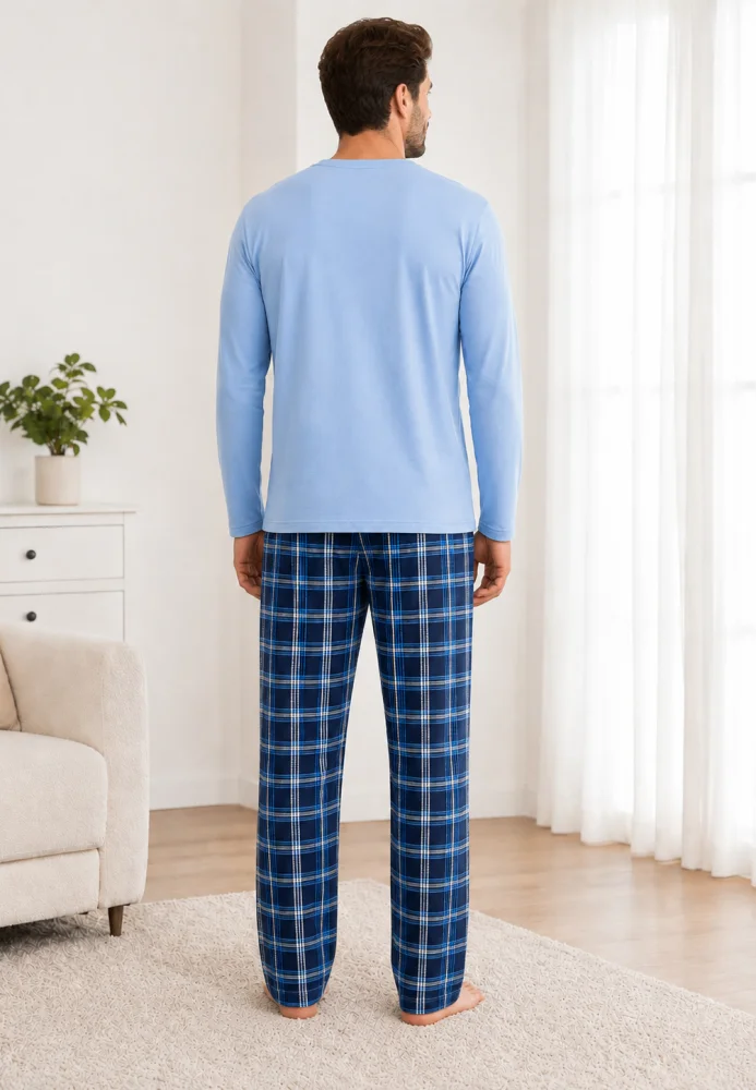 Pijama Bărbați cu Mânecă Lungă, Bluză Imprimeu „Good Vibes Only” și Pantalon în Carouri, Albastru Deschis / Bleumarin