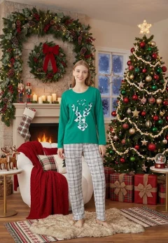 Pijama Dama Craciun Verde Maneca Lunga Pantalon Lungi Ren