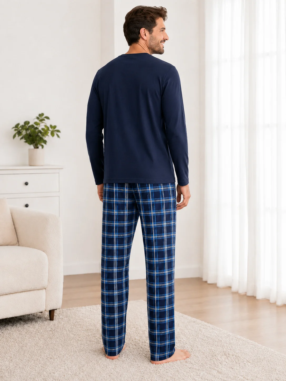 Pijama Bărbați cu Mânecă Lungă, Bluză Imprimeu „Good Vibes Only” și Pantalon în Carouri, Albastru / Bleumarin — imagine 2