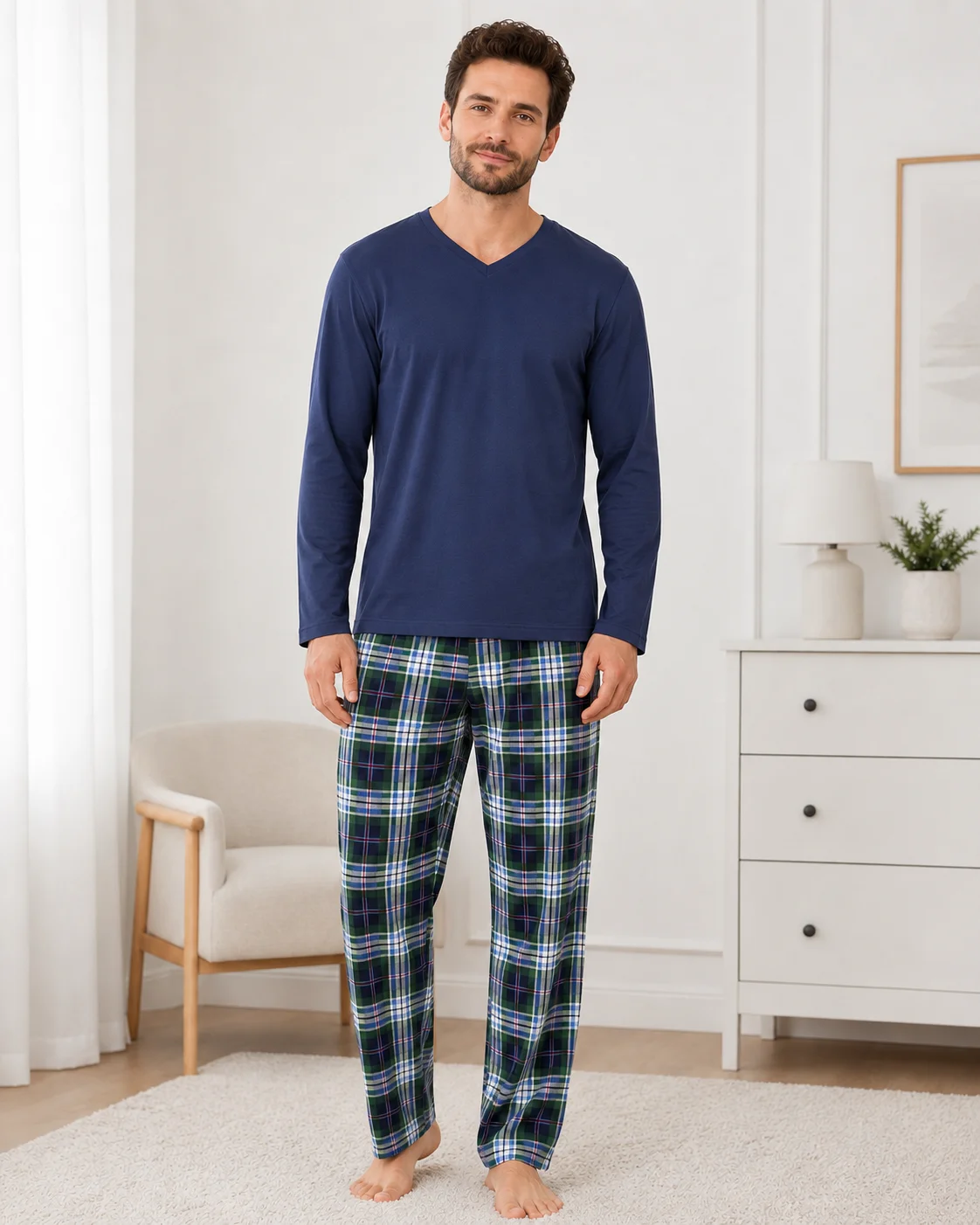 Pijama bărbați, Bluză cu gât în V și mânecă lungă, Pantalon lung în carouri,bluemarin