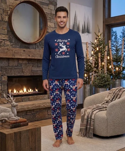 Pijama Crăciun Bărbați Bluemarin – Set Ren Merry Christmas — imagine 1
