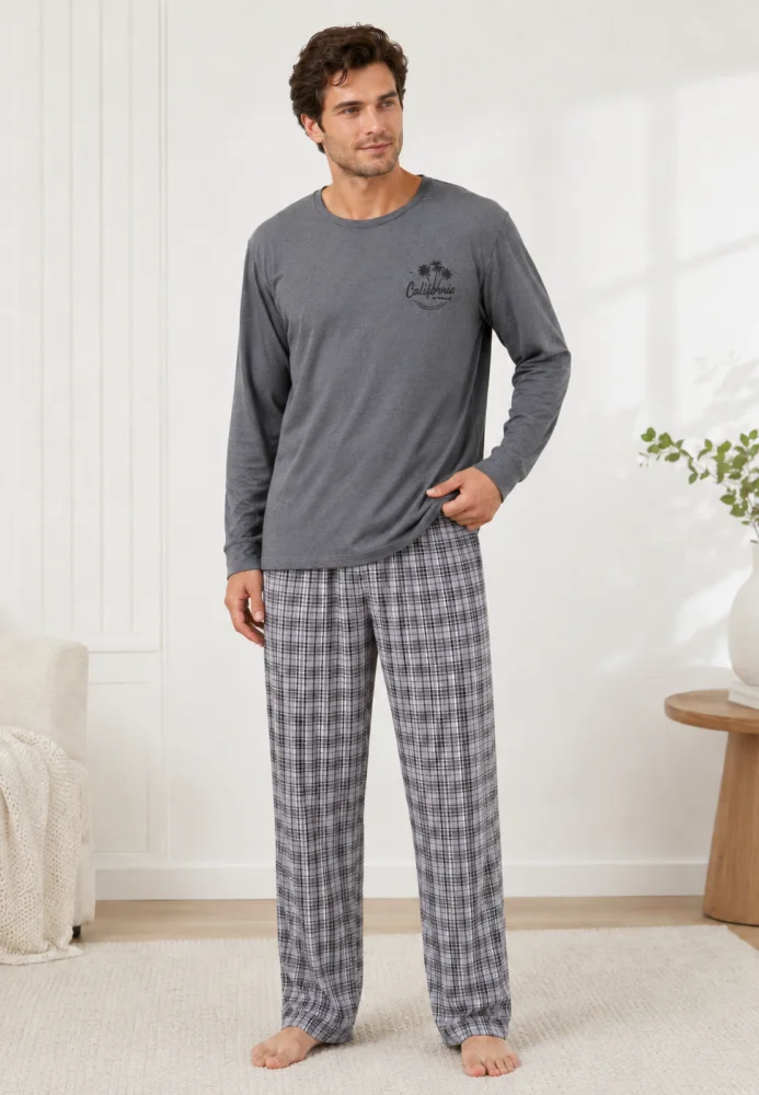 Pijama bărbați, Bluză gri cu imprimeu "California" și mânecă lungă, Pantalon lung în carouri gri — imagine 3