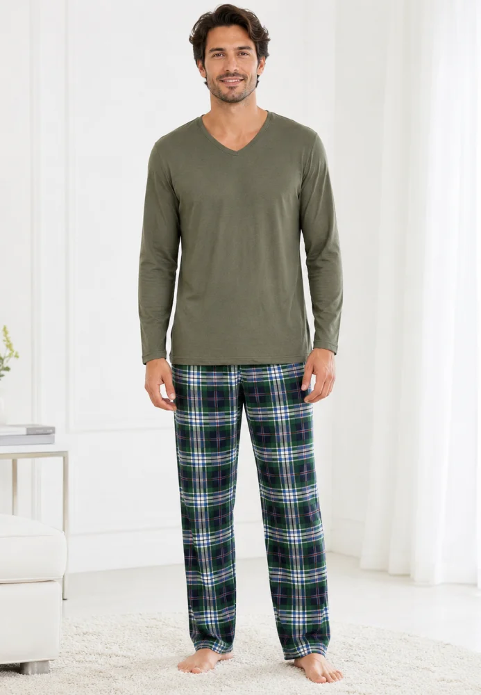 Pijama bărbați, Bluză verde oliv cu gât în V și mânecă lungă, Pantalon lung în carouri, Confortabilă