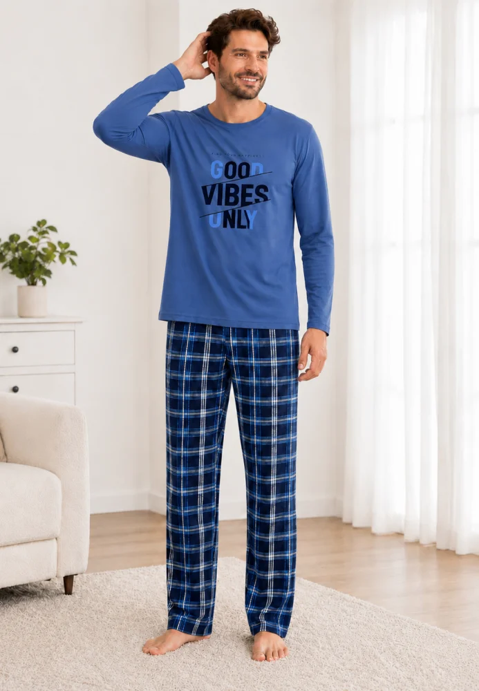 Pijama elegantă bărbați, Bluză albastră cu mânecă lungă și pantaloni în carouri, Loungewear