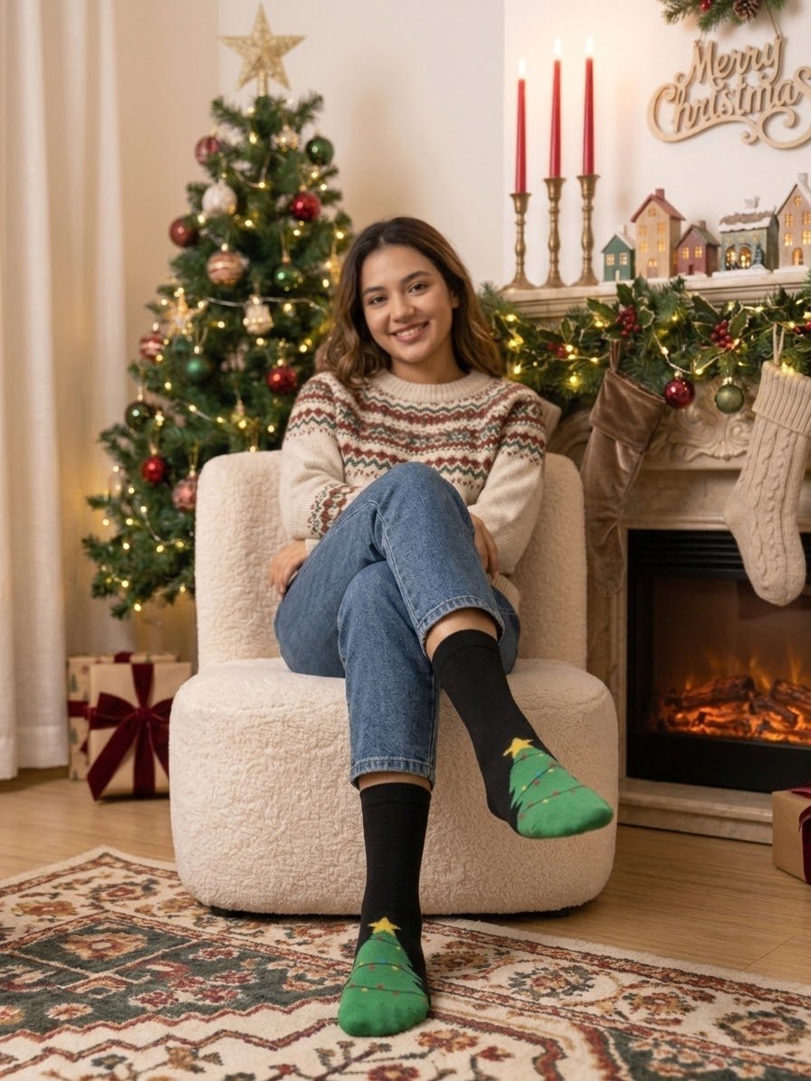 Sosete festive de Crăciun pentru damă, set 2 perechi ,imprimeu bradut