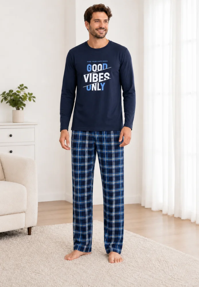 Pijama Bărbați cu Mânecă Lungă, Bluză Imprimeu „Good Vibes Only” și Pantalon în Carouri, Albastru / Bleumarin