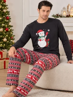 Pijama Bărbați de Crăciun, Neagră cu Om de Zăpadă și Pantaloni Festivi