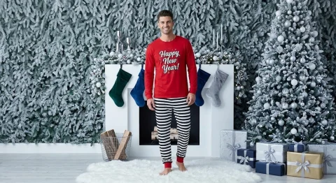 Pijama Barbati Craciun, Bluza Rosie si Pantaloni Dungi,  Rosu/Negru — imagine 1