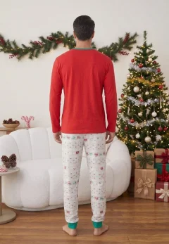 Pijama de Crăciun pentru Bărbați – Bluză Roșie cu Imprimeu și Pantaloni Cu Model Festiv