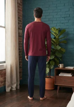 Pijama pentru bărbați, Bluză mânecă lungă cu imprimeu discret și Pantalon lung