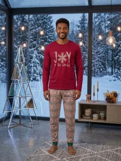 Pijama bărbați de Crăciun din bumbac,bluză cu mânecă lungă și pantaloni lungi, motiv festiv Joy to the World