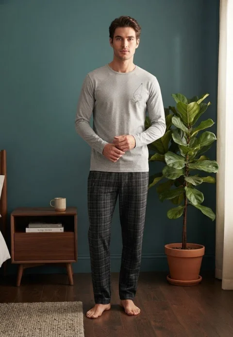 Pijama pentru bărbați, Bluză mânecă lungă cu imprimeu minimalist și Pantalon lung în carouri