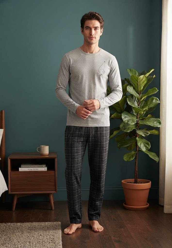 Pijama pentru bărbați, Bluză mânecă lungă cu imprimeu minimalist și Pantalon lung în carouri