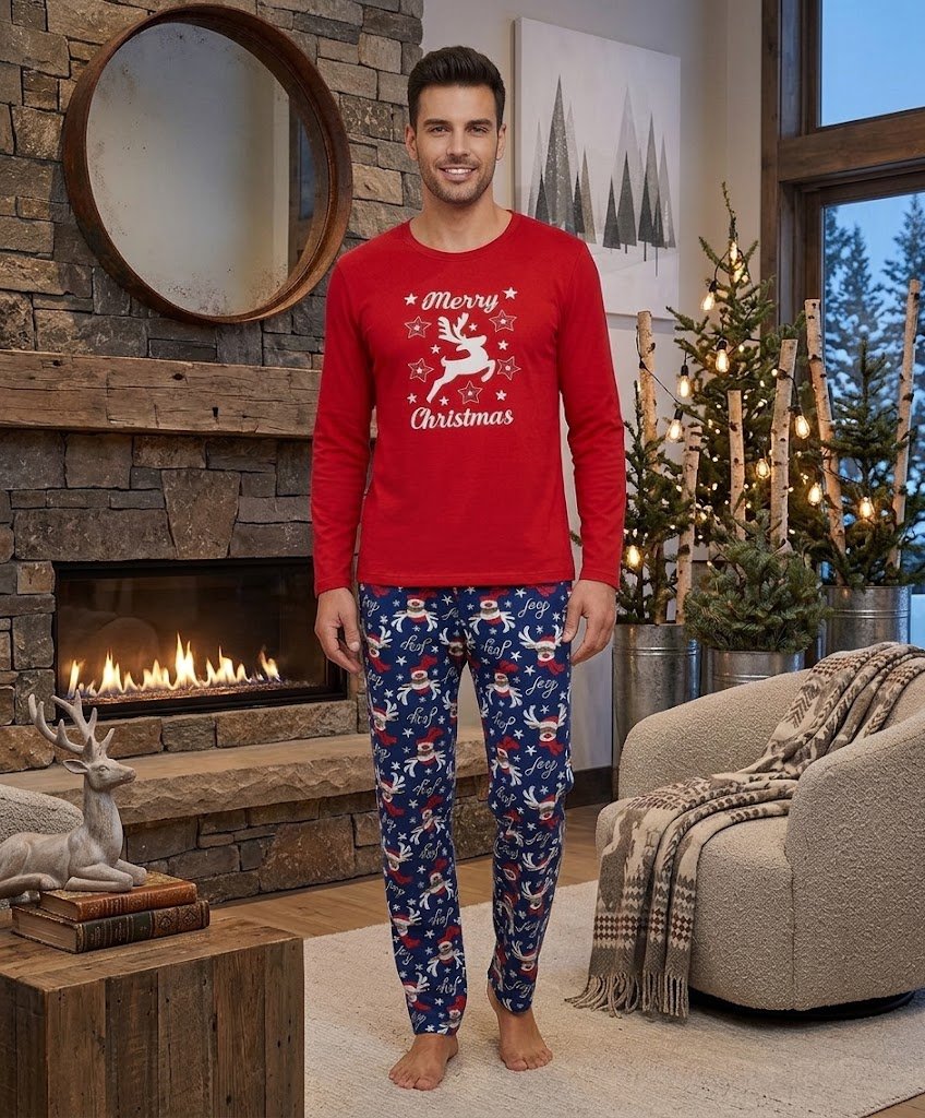 Pijama bărbat roșie de Crăciun cu mesaj Merry Christmas