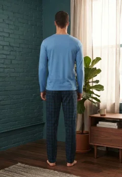 Pijama pentru bărbați, Bluză mânecă lungă cu imprimeu „Athletic” și Pantalon lung în carouri
