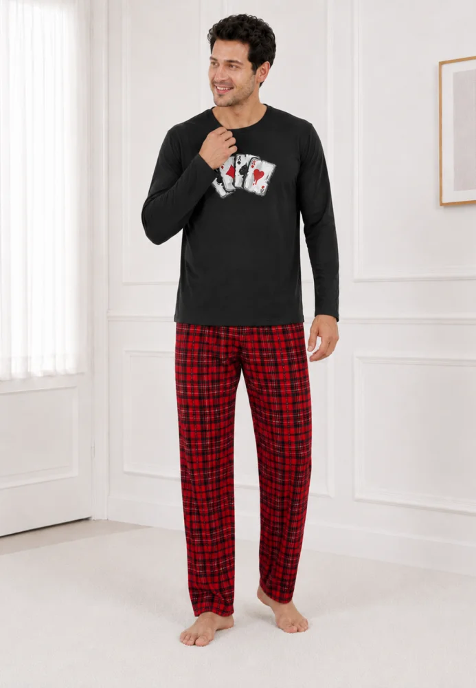Pijama Bărbați cu Mânecă Lungă, Bluză Neagră cu Imprimeu Cărți de Joc și Pantalon în Carouri, Negru / Roșu