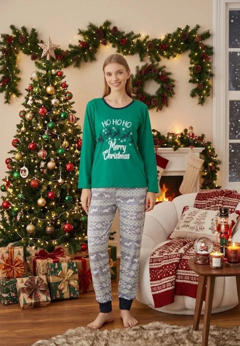 Pijama Dama Craciun Verde Maneca Lunga Pantalon Lungi Ho Ho Ho — imagine 1