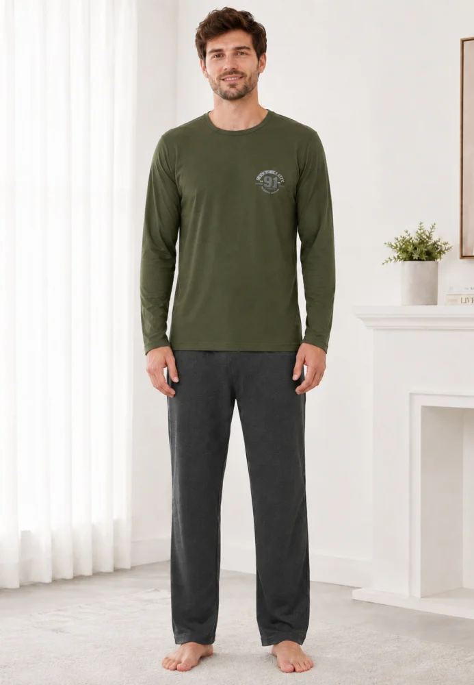 Pijama Bărbați cu Mânecă Lungă, Bluză Verde Militar cu Imprimeu și Pantalon Lung