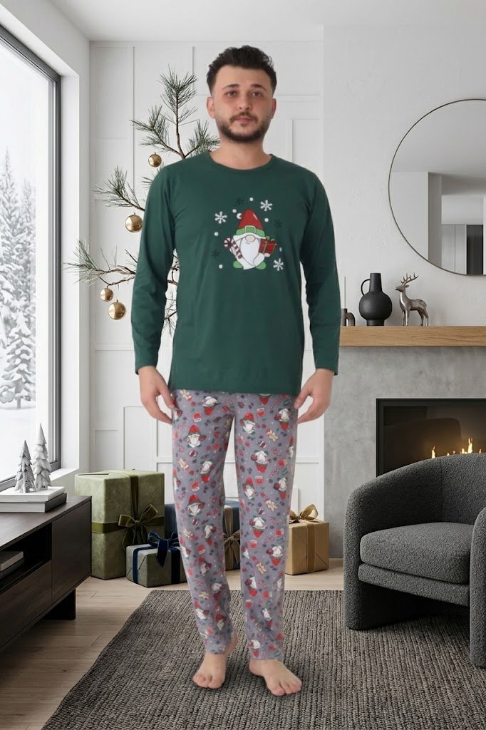 Pijama bărbat verde de Crăciun cu modele tematice