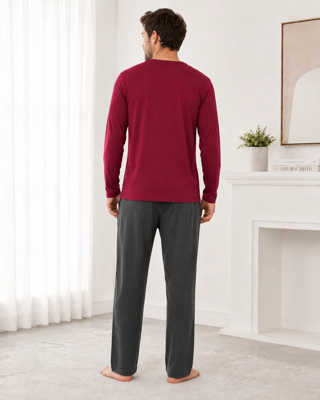 Pijama Bărbați cu Mânecă Lungă, Bluză Vișinie cu Imprimeu și Pantalon Lung Gri, Imbracaminte de Casa
