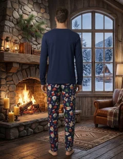 Pijama barbat bleumarin de Crăciun cu imprimeu om de zăpadă, set cu mânecă lungă și pantaloni lungi
