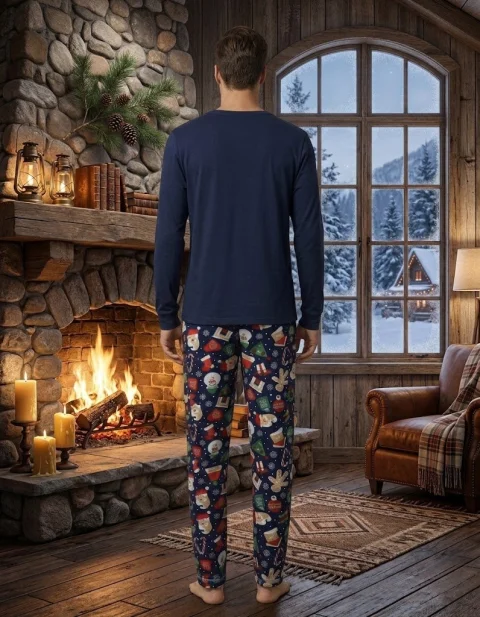 Pijama barbat bleumarin de Crăciun cu imprimeu om de zăpadă, set cu mânecă lungă și pantaloni lungi — imagine 2