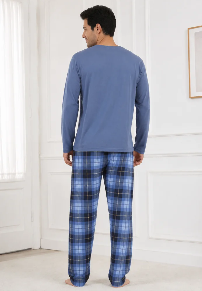 Pijama Bărbați cu Mânecă Lungă, Bluză cu Imprimeu Text și Pantalon în Carouri