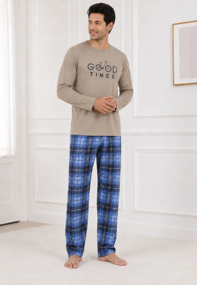 Pijama bărbați, Bluză bej cu mânecă lungă și imprimeu "Good Times", Pantalon lung în carouri albastru/bleumarin — imagine 1
