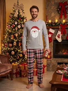 Pijama Bărbați de Crăciun din Bumbac – Imprimeu Moș Crăciun și Pantaloni în Carouri,gri
