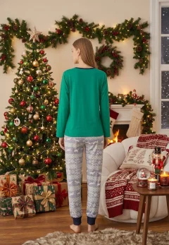 Pijama Dama Craciun Verde Maneca Lunga Pantalon Lungi Ho Ho Ho
