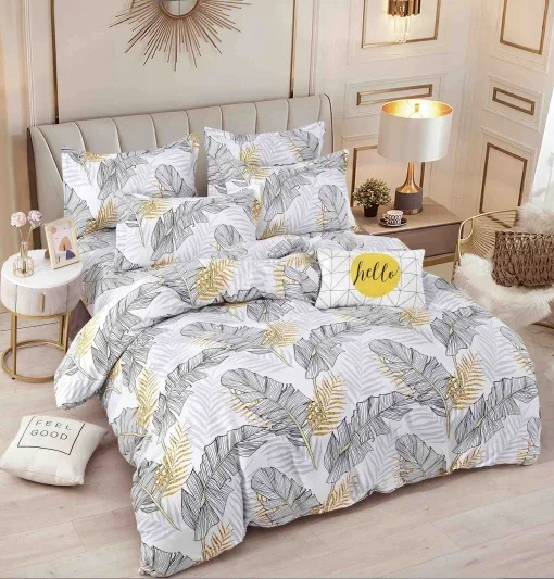 Set Lenjerie de Pat Dublu Finet, 6 Piese – Cearceaf Pilotă, Cearceaf Pat și Fețe de Pernă, Frunze Tropicale — imagine 2